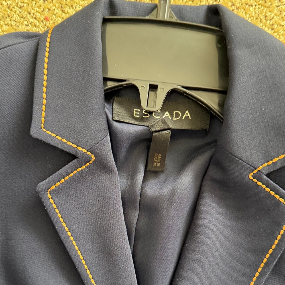 Escada Navy Blazer and Skirt Set with Contrast Stitching - Picture 2 of 6